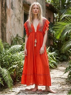 Freepeople Bali Will Wait For You Embroidered Midi Dress Red Size Small